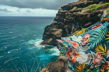 tropical patterned wrap skirt blowing on a cliffside view