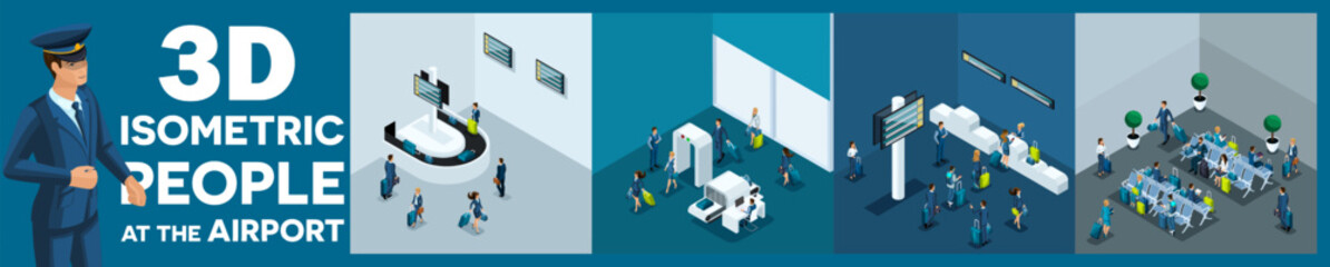 Large set of isometric, 3D people at the airport businessmen with suitcases, travelers, flight attendants and a navigator with bags for flights
