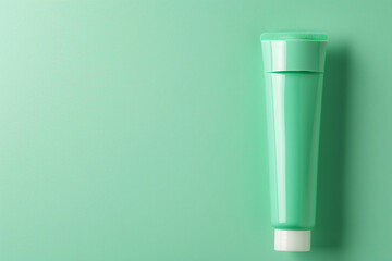 Minimalist cosmetic cream tube against a cool mint green isolated solid background, promoting a fresh and clean beauty regimen,
