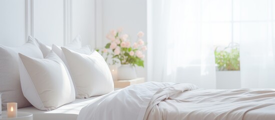 White linens cover a comfortable bed made of wood with matching pillows in a bedroom with hardwood flooring. A plant adds a touch of nature near the window - obrazy, fototapety, plakaty
