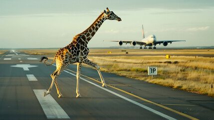 a giraffe runs onto the runway with an airplane in the background. Traveling to Africa by plane. Airplane on the runway