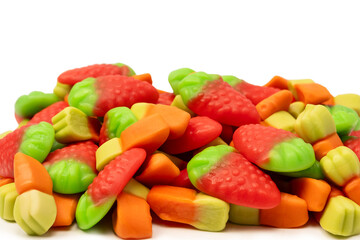 Assorted colorful gummy candies isolated on a white background.
