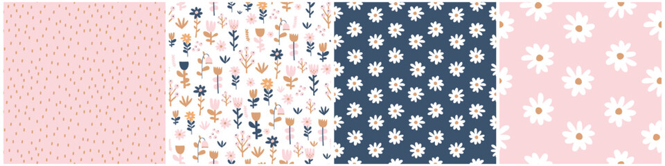 Infantile Floral Irregular Seamless Patterns with Hand Drawn Flowers on a Pastel Pink, White and Dark Blue Background. Trendy Infantile Style Abstract Garden Print. White Spots on a Light Pink.  - 769827056