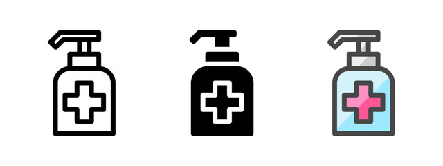 Multipurpose hand sanitizer vector icon in outline, glyph, filled outline style. Three icon style variants in one pack.