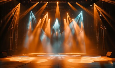 Vibrant Stage Design, Warm Illumination for Modern Dance Performance, Spotlight Effect on Empty Stage