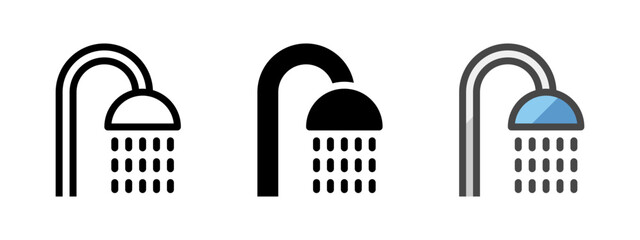 Multipurpose shower vector icon in outline, glyph, filled outline style. Three icon style variants in one pack.