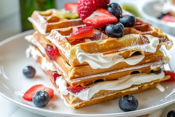 layering waffles with cream and fruit