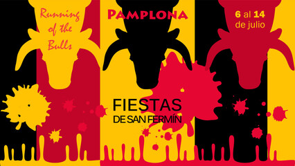 Spain fiestas Bullfighting abstract poster. Spanish San Fermin Festivals wallpaper. Running bulls main attraction famous celebration, Pamplona fiesta logo Bullfight firework matador Corrida arena art