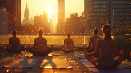 people meditating in rooftop yoga studio looking over skyscrapers