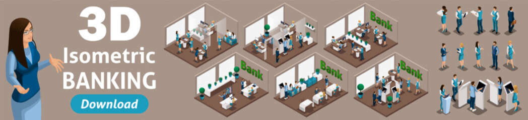 Large set of isometric, 3D bank employees in the banks office serve customers. Issuance of loans, deposits, investments. Banking cabinets
