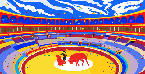 Spain fiestas Bullfighting abstract poster. Spanish San Fermin Festivals wallpaper. Running bulls main attraction famous celebration, Pamplona fiesta logo Bullfight firework matador Corrida arena art