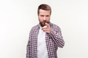Portrait of strict serious bearded man pointing at camera choosing you bossy expression, wearing...