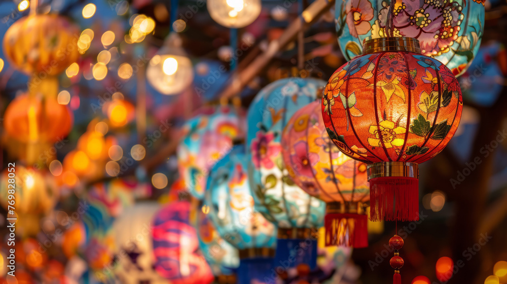 Poster a captivating display of vibrant chinese lanterns fills the frame with their intricate designs and w