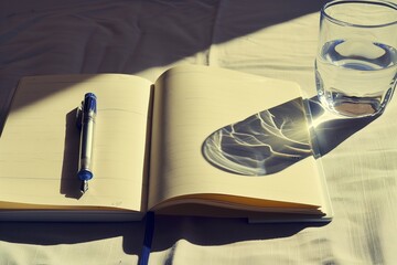 open notebook with a pen and a water glass casting a shadow