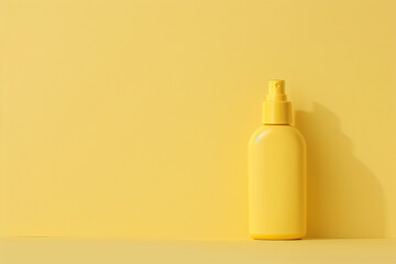 Modern, geometric-shaped skincare bottle on a pastel yellow isolated solid background, emphasizing shape and design,