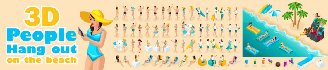Large set of isometric, 3D people on vacation, girls in swimsuits, pool party, sun, beach, sea. For vector illustration