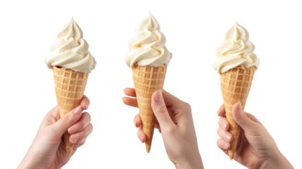 Set of Hands holding ice cream cone on transparent background.