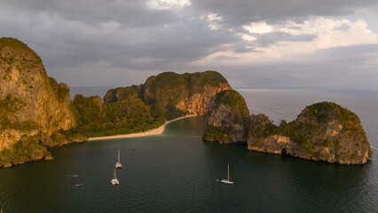 Drone aerial view of Railey beach and Phra Nang Cave Beach in Aonang Krabi in Thailand