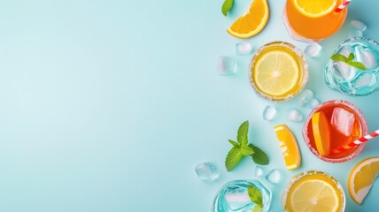 Assorted cold beverages with citrus fruits, mint, and ice on a blue background. - obrazy, fototapety, plakaty