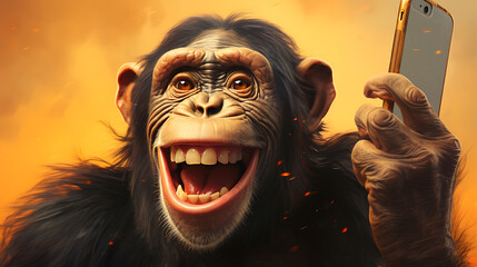 selfie portrait of a zany chimpanzee. - obrazy, fototapety, plakaty