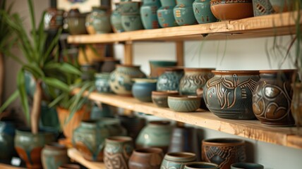A variety of patterned ceramic pots displayed on wooden shelves with a plant to the side.