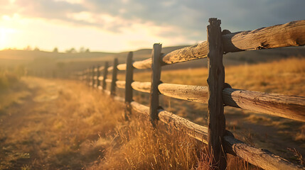 Rustic ranch fence at sunset. Copy Space.