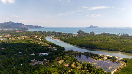 Drone aerial view of the port in Aonang in Thailand
