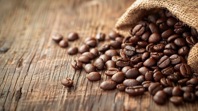 A burlap sack overflowing with dark roasted coffee beans on a rustic wooden surface.