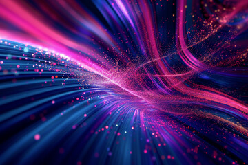 Fototapeta premium Vivid streams of blue and magenta light particles surge forward, converging into a radiant point with sense of infinite depth and energy, data streaming, network connectivity