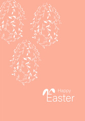 Vector illustration. Festive Easter background with copy space for text. Vertical postcard template with a silhouette Easter eggs, Easter rabbit, Easter decor, floral print.
