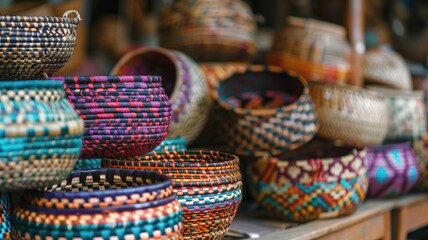 Colorful woven baskets displayed on shelves, showcasing intricate patterns and craftsmanship.