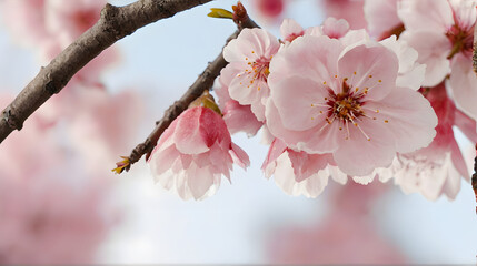 Pink cherry blossoms bloom on a tree branch in spring, showcasing the beauty of nature with its delicate pink petals