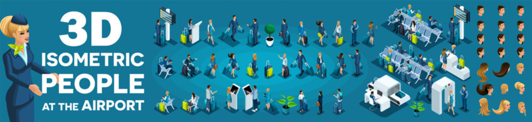 Large set of isometric, 3D people at the airport, businessmen with suitcases, vacationers and travelers with bags for flights. Set emotions