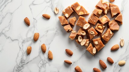 Fototapeta na wymiar Pieces of almond toffee candy arranged in a heart shape on marble background with scattered almonds.