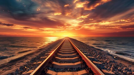 Railway tracks extend toward the horizon on a beach at sunset with vibrant skies. - obrazy, fototapety, plakaty