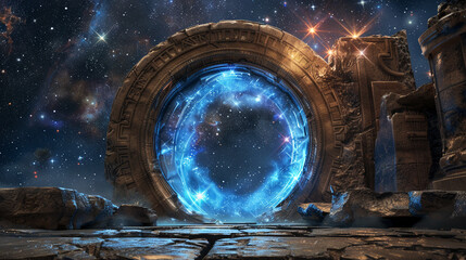 Time travel portal, ancient to future, cosmic gateway, 3D vector, - obrazy, fototapety, plakaty