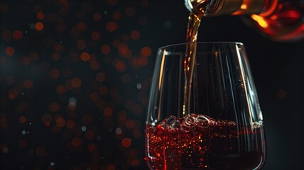 Red wine being poured into a glass against dark backdrop with sparkling bokeh lights. - obrazy, fototapety, plakaty