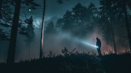 Lone person with a flashlight in misty forest at night under moonlit sky.