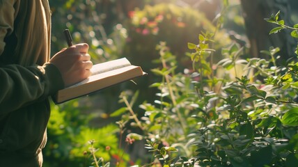 Person writing in a notebook amidst vibrant green plants under sunlight.