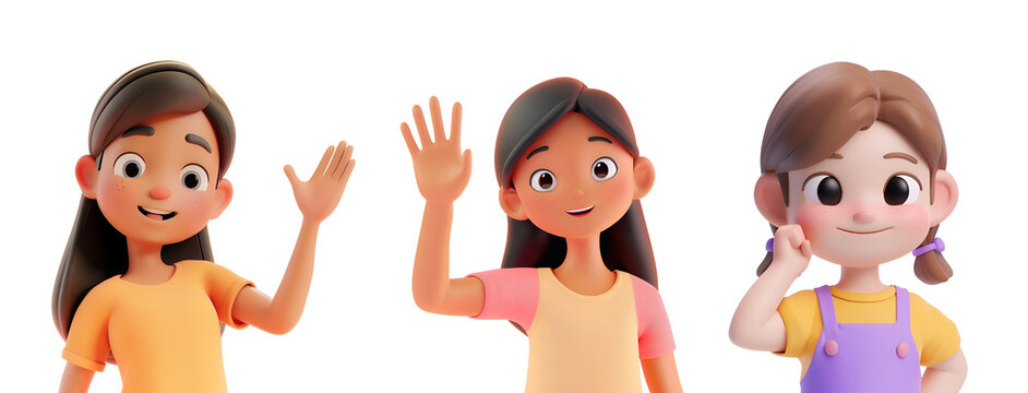 Illustrated Compilation: Sweet Girl Engaging in Hand Actions in a Cartoon 3D Scene, Isolated on Transparent Background, PNG