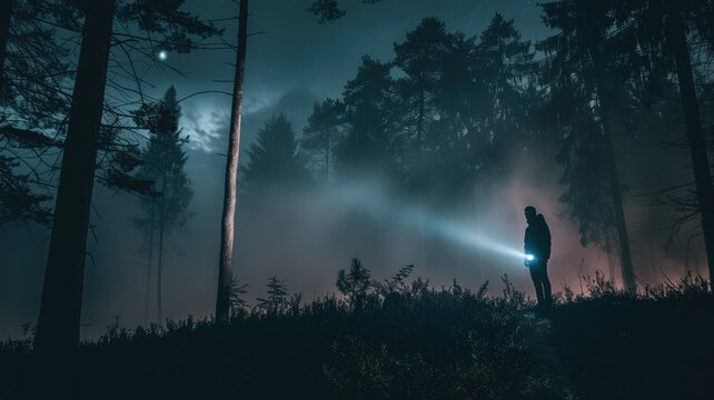 Lone person with a flashlight in misty forest at night under moonlit sky.