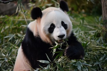 panda munching bamboo, dusk light softening edges - obrazy, fototapety, plakaty