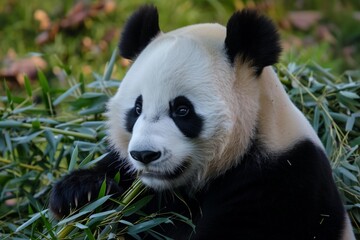 panda munching bamboo, dusk light softening edges