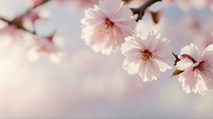 Pink cherry blossoms bloom on a tree branch in spring, showcasing the beauty of nature with its delicate pink petals