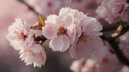 Pink cherry blossoms bloom on a tree branch in spring, showcasing the beauty of nature with its delicate pink petals