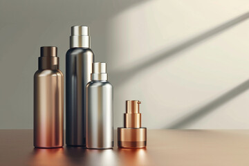 Skincare product bottles with a sleek, metallic finish, arranged on a glossy surface for a modern, industrial look, - obrazy, fototapety, plakaty