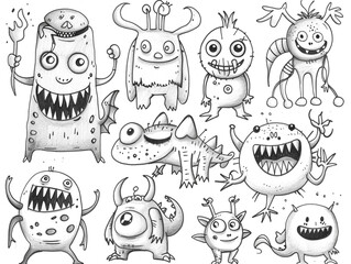 Doodle ink outline cartoon drawing on the theme of a cute little monster. Characters suitable for small children.