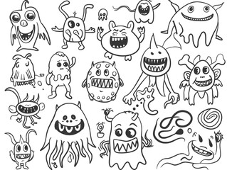 Doodle ink outline cartoon drawing on the theme of a cute little monster. Characters suitable for small children.