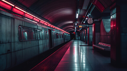 Red Line in the Metro. Copy Space. - obrazy, fototapety, plakaty