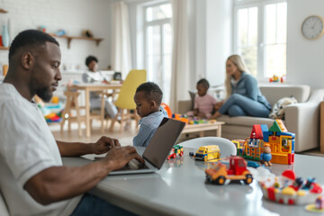 Young Black parent dad distance working from home office with family. African American father using laptop computer spending time with diverse multiracial kids and wife in modern house living - obrazy, fototapety, plakaty